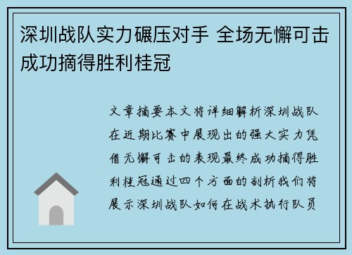 深圳战队实力碾压对手 全场无懈可击成功摘得胜利桂冠
