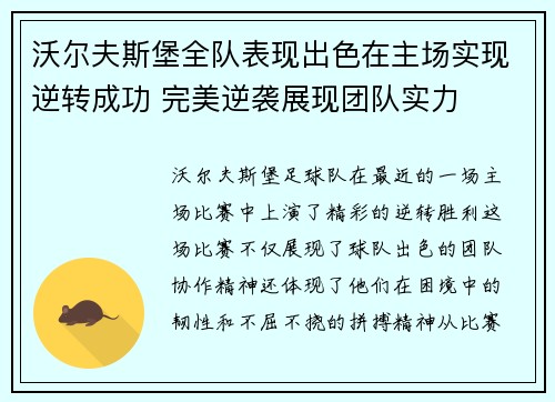 沃尔夫斯堡全队表现出色在主场实现逆转成功 完美逆袭展现团队实力