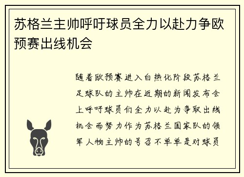 苏格兰主帅呼吁球员全力以赴力争欧预赛出线机会