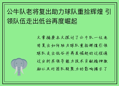 公牛队老将复出助力球队重拾辉煌 引领队伍走出低谷再度崛起