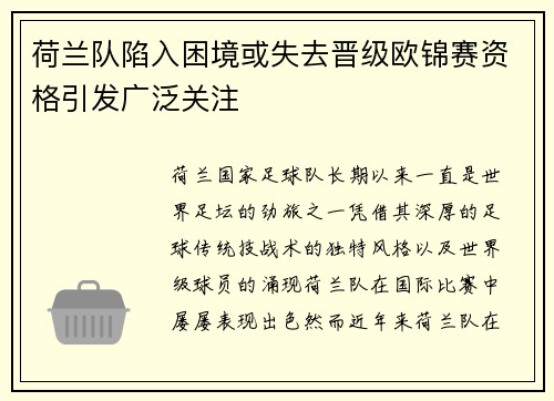 荷兰队陷入困境或失去晋级欧锦赛资格引发广泛关注